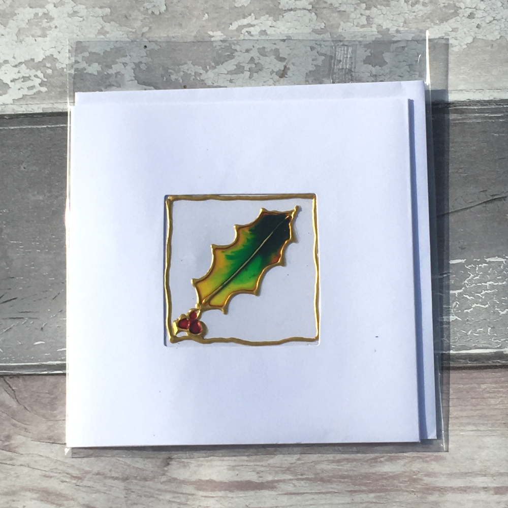 Stained glass holly handmade Christmas card