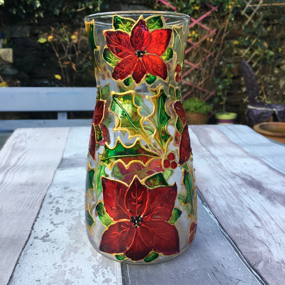 Painted glass vase poinsettia and holly