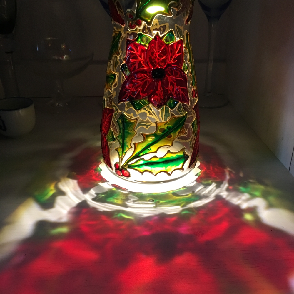 Painted glass vase poinsettia and holly