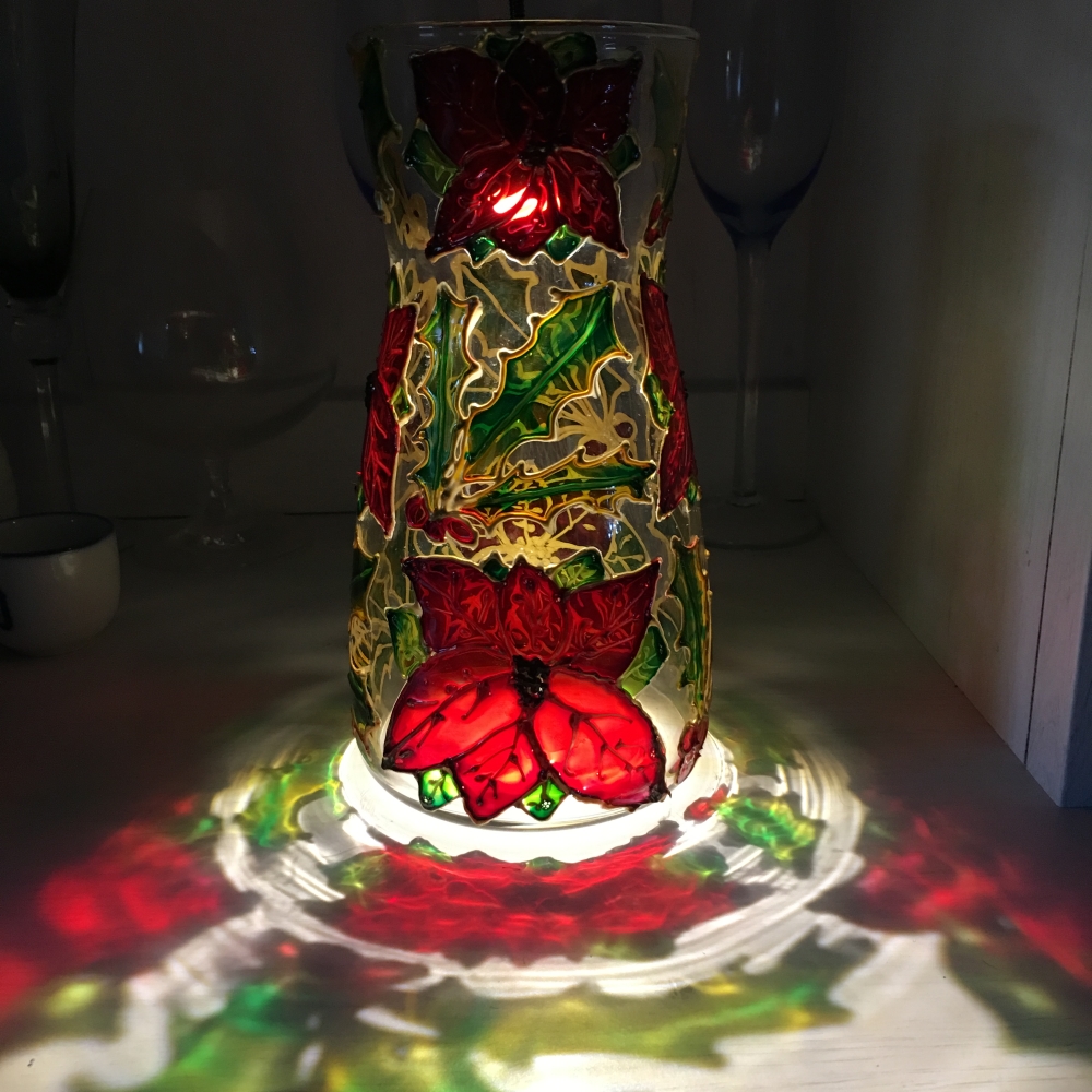 Painted glass vase poinsettia and holly