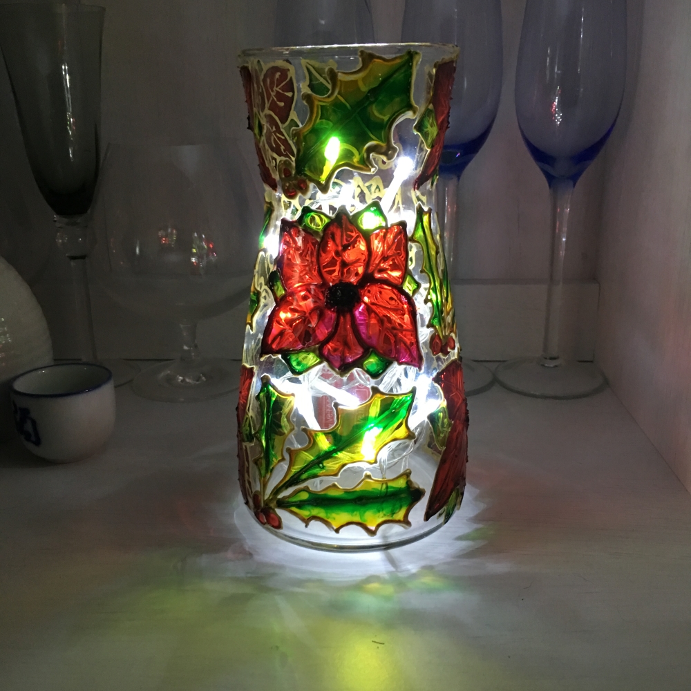 Poinsettia and holly hand painted glass carafe vase - Image 3