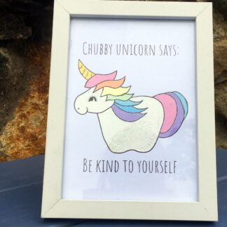Hand finished framed art print, chubby unicorn promotes body positivity