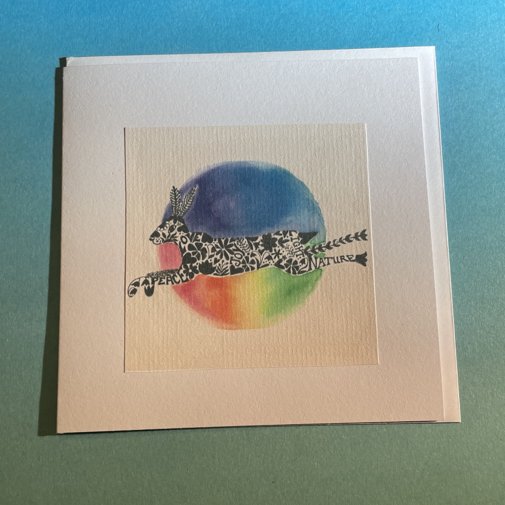 Handmade greetings card - hare of hippiness watercolour and ink print