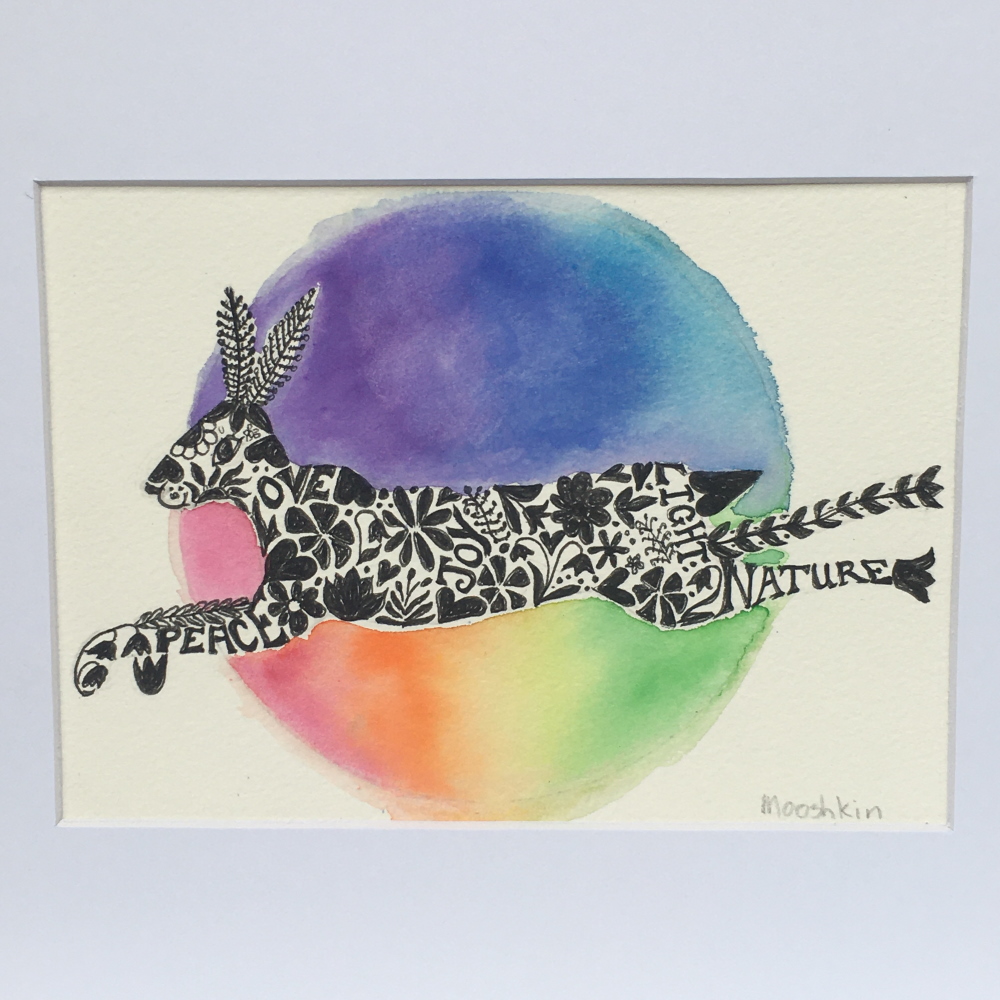 Hare of hippiness - original mounted watercolour/ink painting/drawing