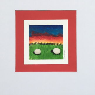 Mounted watercolour of sunset over a field. Polymer clay sheep are glued to the field.