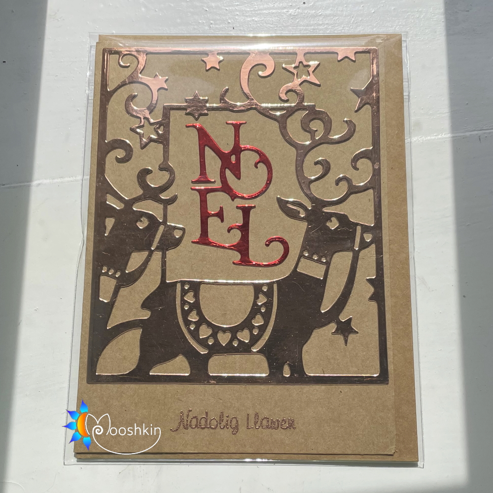Handmade greetings card - copper foil reindeer on kraft card