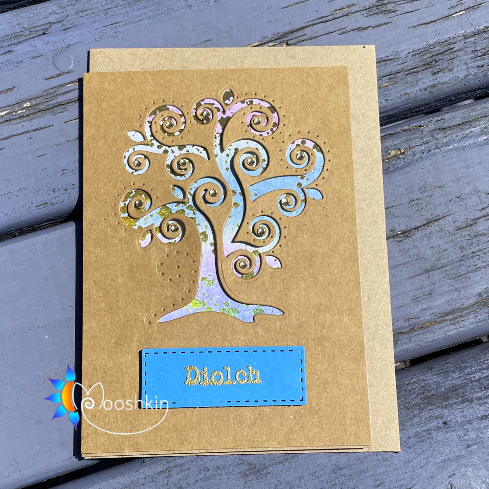 Handmade greetings card - die cut tree with 'diolch'