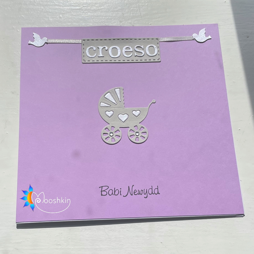 Handmade greetings card: die cut 'croeso babi newydd'