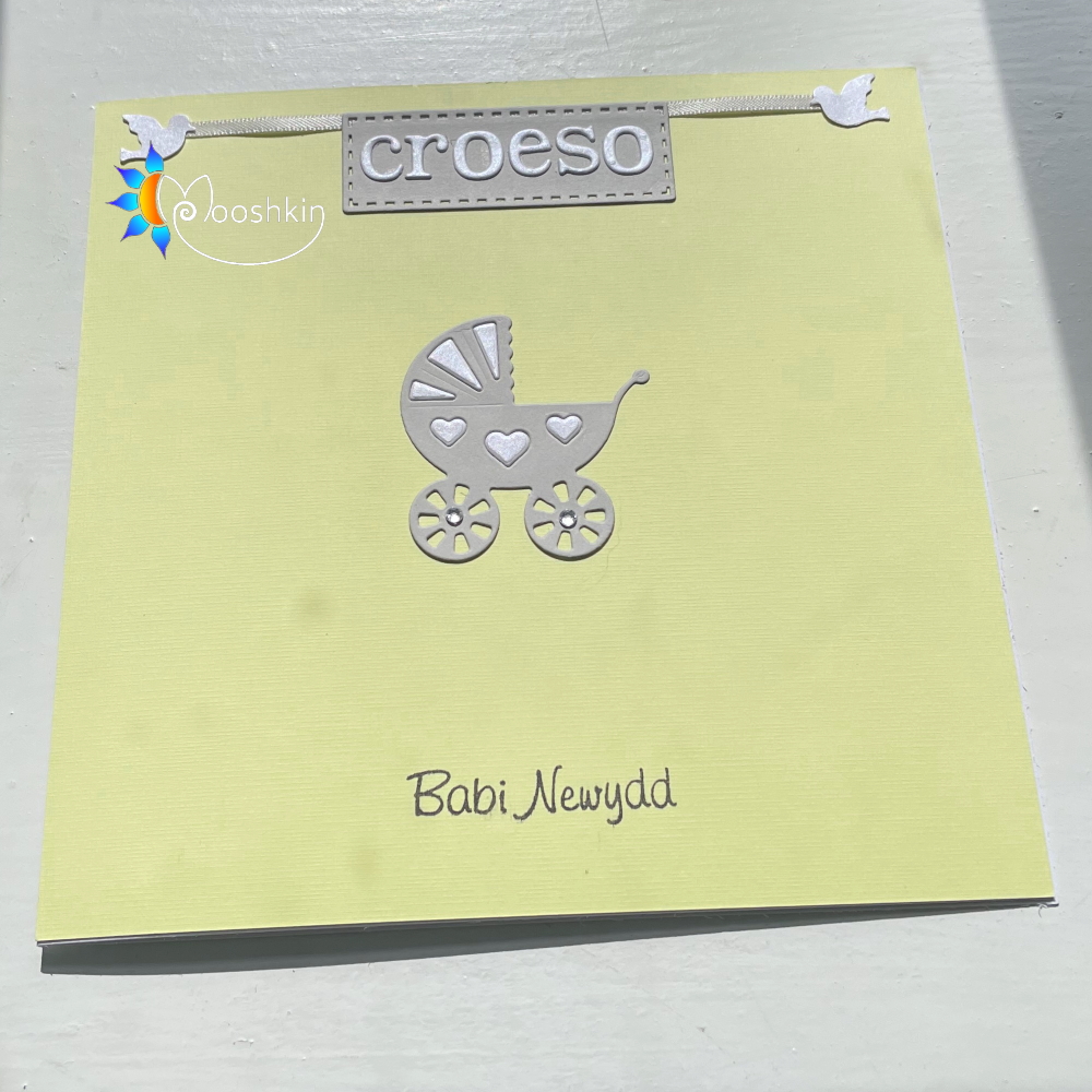 Handmade greetings card: die cut 'croeso babi newydd'