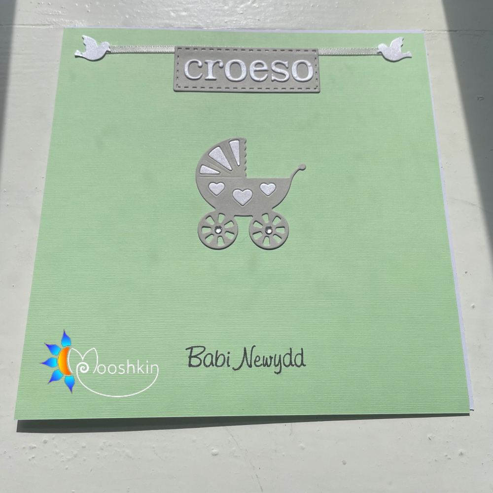 Handmade greetings card: die cut 'croeso babi newydd'