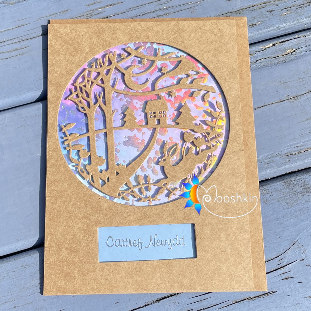 Handmade greetings card - die cut forest house, cartref newydd