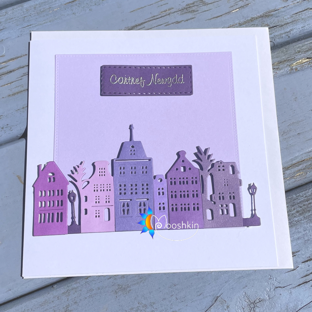 Handmade greetings card: die cut purple houses, cartref newydd