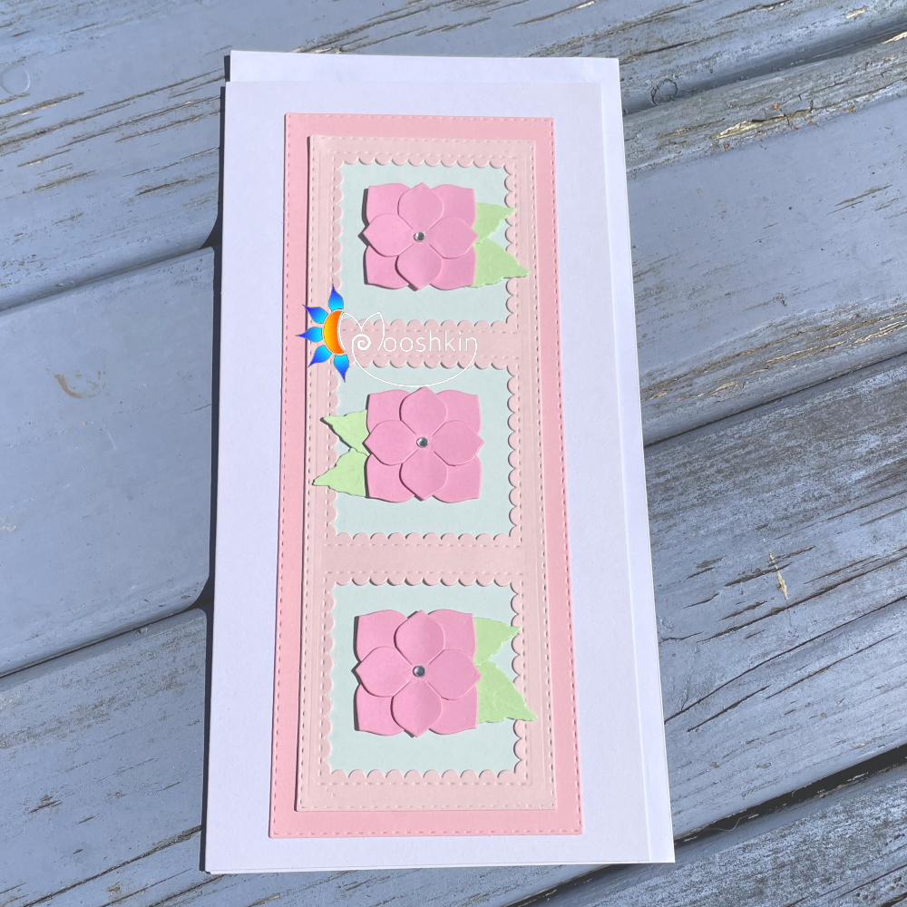 Handmade greetings card: die cut trio of pink flowers