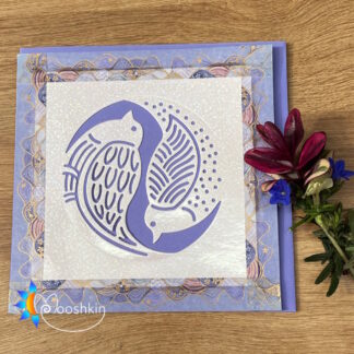 Handmade greetings card: Doves of Winter. White doves on a deep lavender background.