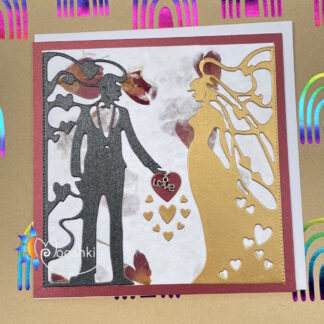 Handmade greetings card featuring a die cut wedding couple in the art nouveau style