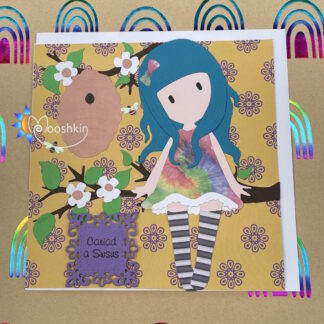 Handmade die cut greetings card featuring a blue-haired girl sitting in a tree with a beehive