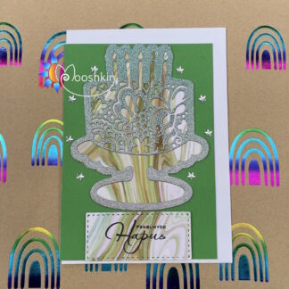 Handmade die cut greetings card - glittery birthday cake in green