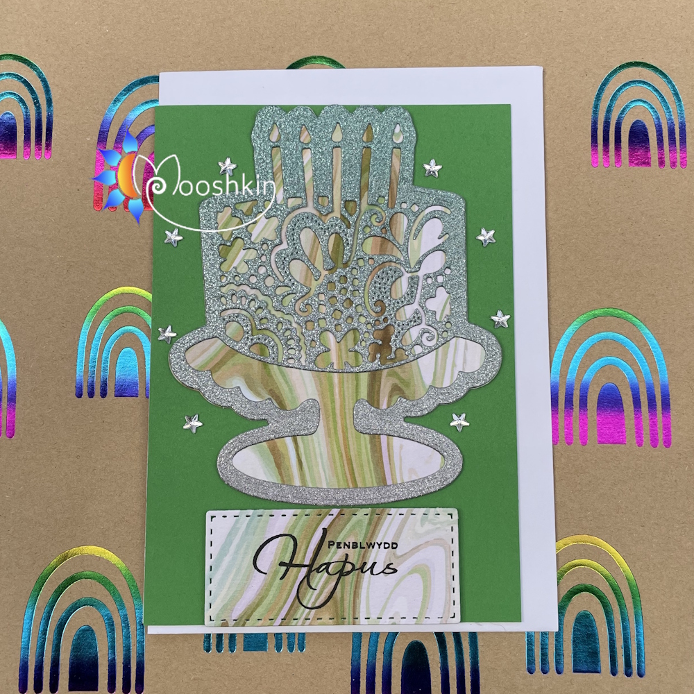 Handmade die cut greetings card - glittery birthday cake in green