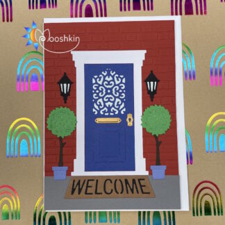 Handmade die cut greetings card: new home, blue door