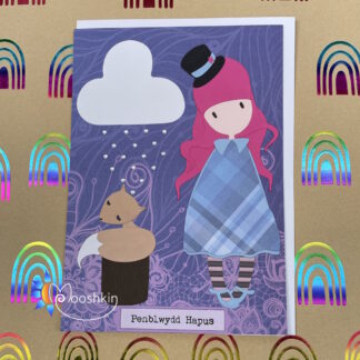 Handmade die cut greetings card featuring a pink-haired girl and a fox on a log