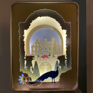 Mooshkin Lantin: 'gerddi'r plas' - handmade light-up scene in a tin featuring a manor house and formal gardens