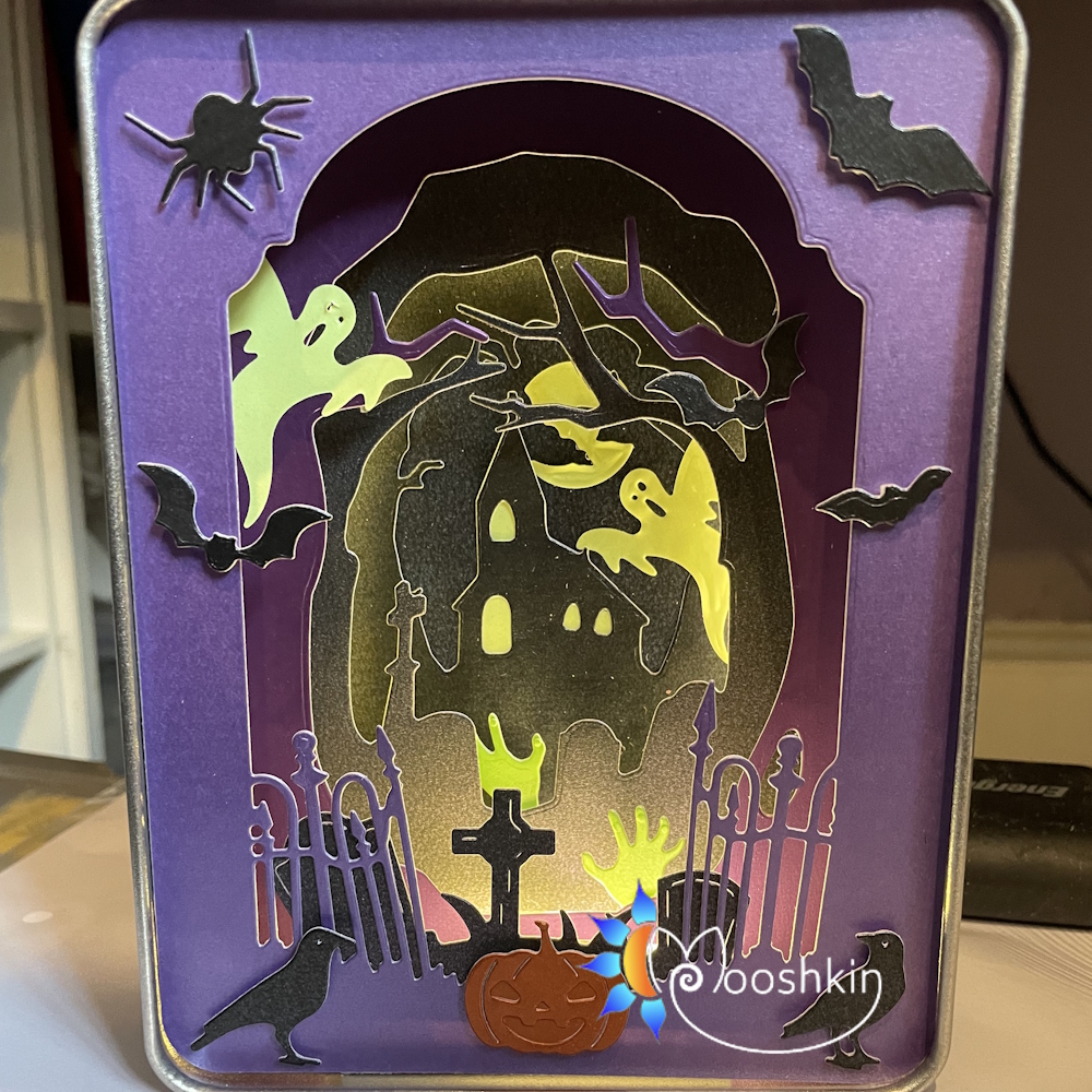 Handmade Lantin (light-up paper scenes in tins) - spooky graveyard scene