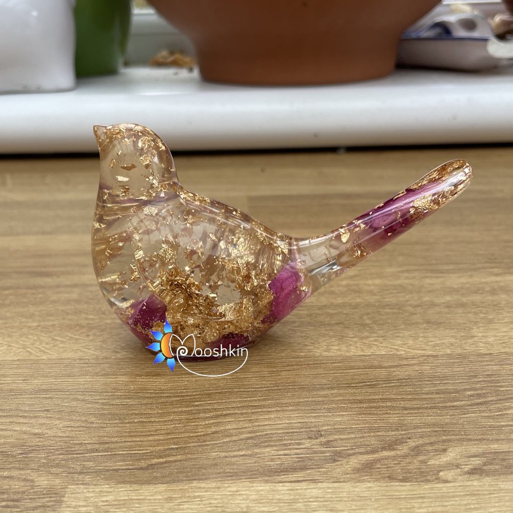 Handmade resin bird - clear with rose petals and gold leaf
