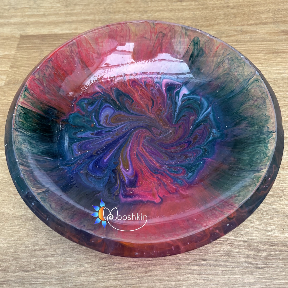 Handmade resin bowl, transparent with marbled pattern in many colours