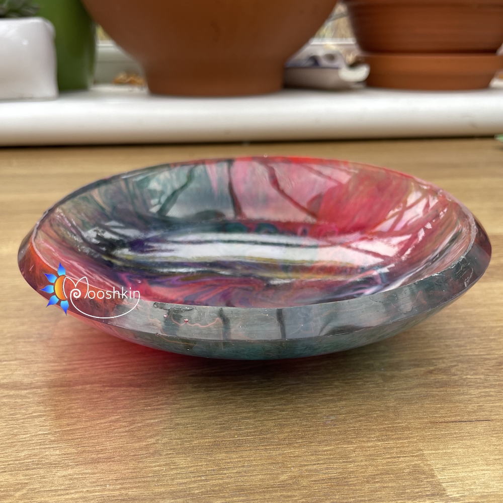 Handmade resin bowl, transparent with marbled pattern in many colours