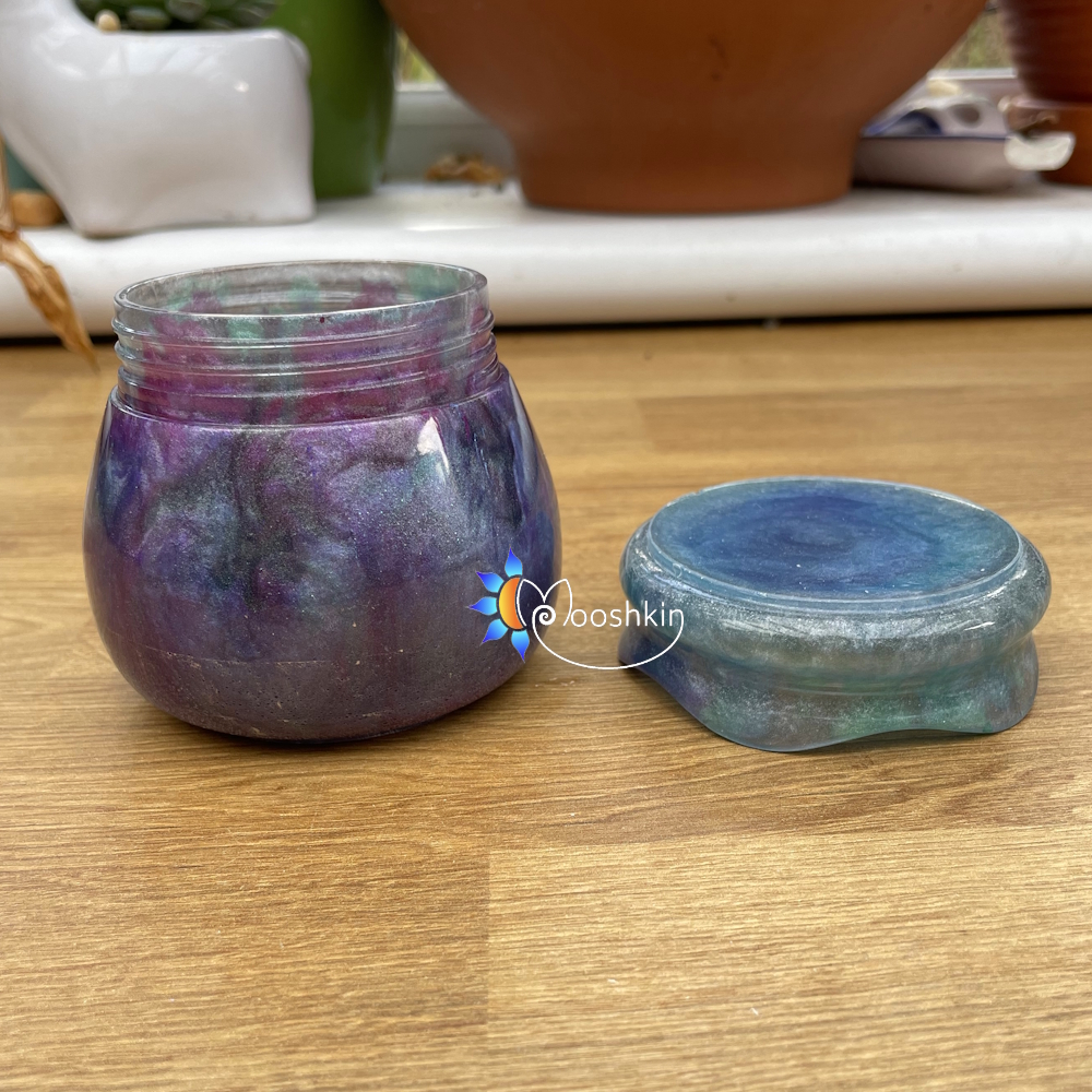 Handmade resin jar in a 'mermaid' colour scheme of aqua, blue, pink and purple